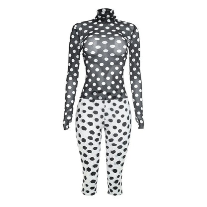 Women's Polka Dot Mesh Long Sleeve Two Piece Set - Detail View 6