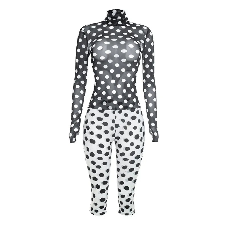 Women's Polka Dot Mesh Long Sleeve Two Piece Set - Detail View 6