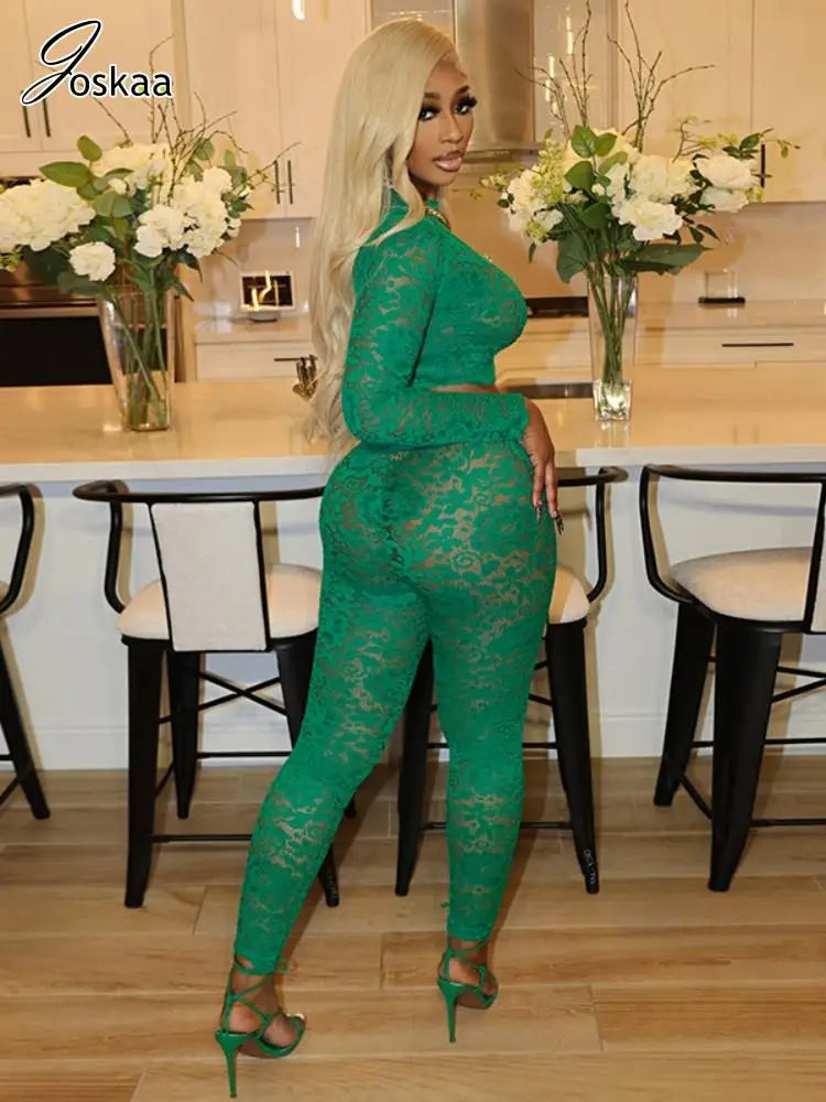 Women's Lace Long Sleeve Crop Two Piece Set Green – Side View
