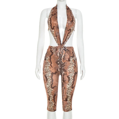 Women's Snake Print V-neck Halter Sleeveless Romper - Additional View 11