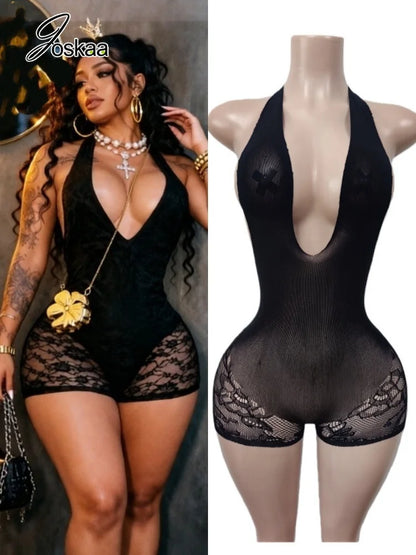Women's Lace Backless V-neck Halter Romper - Women's Fashion Wholesale - Front View
