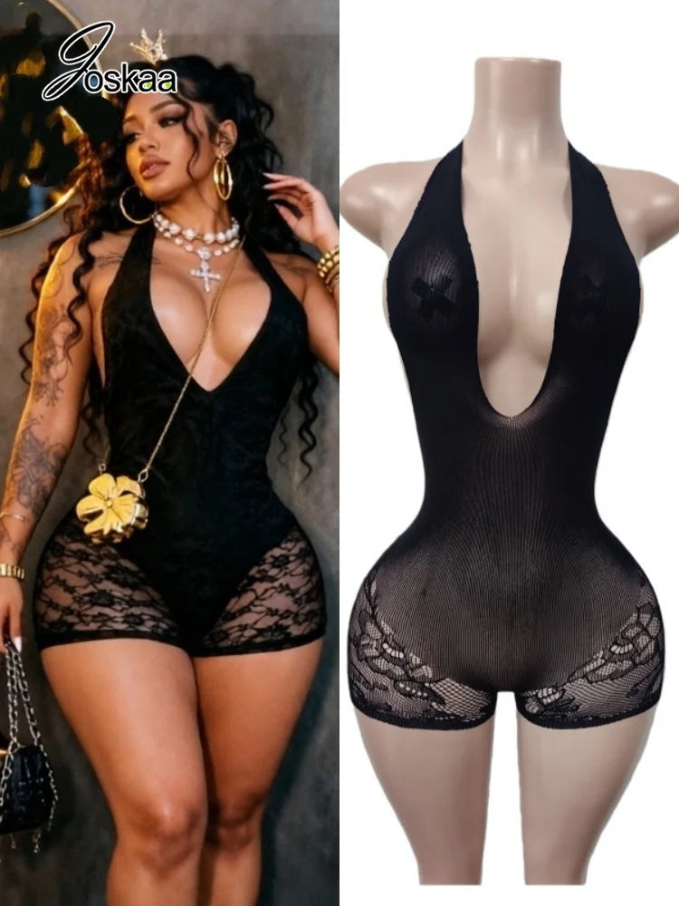 Women's Lace Backless V-neck Halter Romper - Women's Fashion Wholesale - Front View