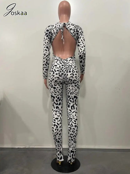 Women's Leopard Print Backless Long Sleeve Romper White Leopard Print – Detail View