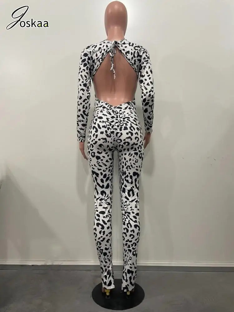 Women's Leopard Print Backless Long Sleeve Romper White Leopard Print – Detail View