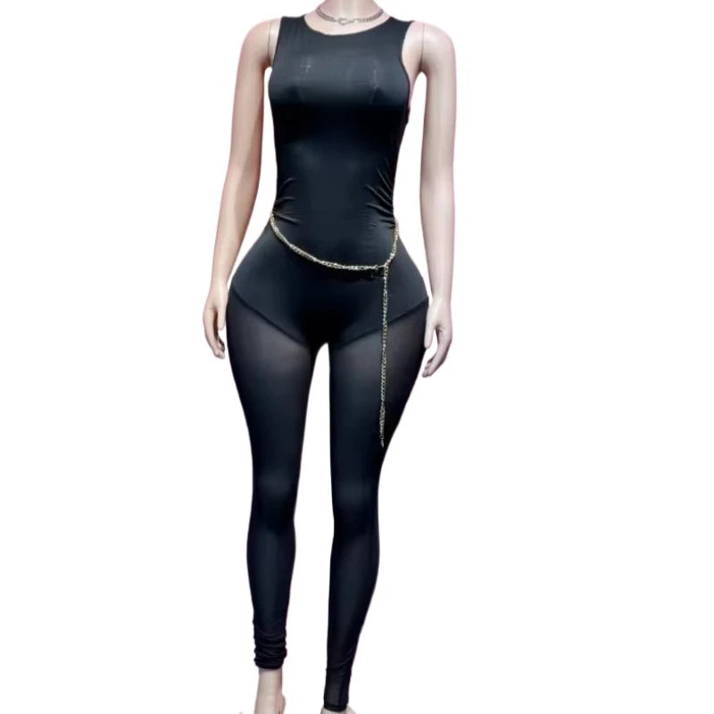 Wholesale Women's Mesh Sleeveless Bodycon Romper Black – Side View