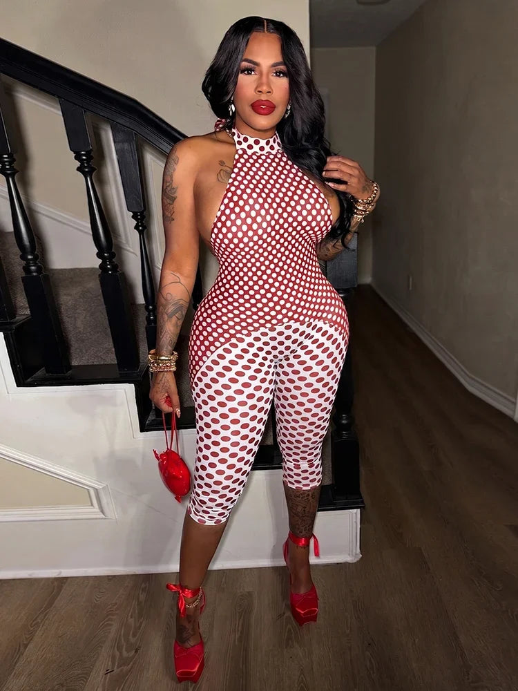 Women's Polka Dot Backless Halter Romper