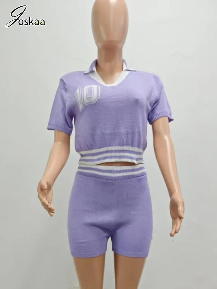 Women's Knit Short Sleeve Crop Two Piece Set Pink – Detail View