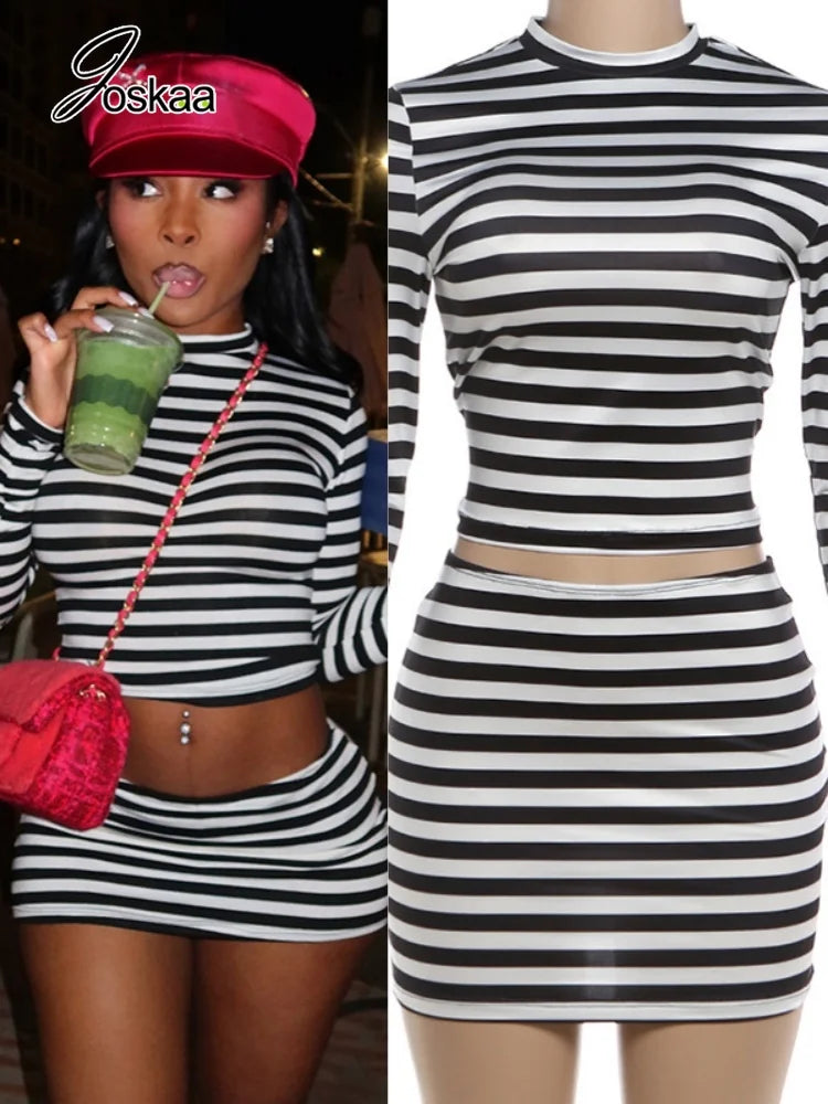 Women's Stripe Long Sleeve Crop Two Piece Set – Women's Fashion Wholesale – Front View