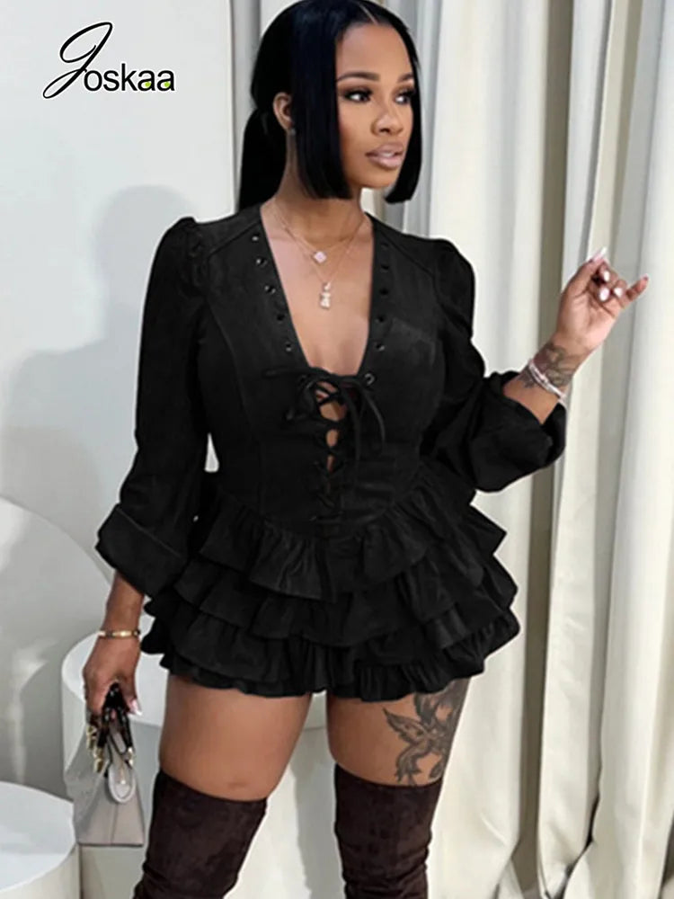 Women's Lace Long Sleeve Bodycon Mini Dress Black – Side View