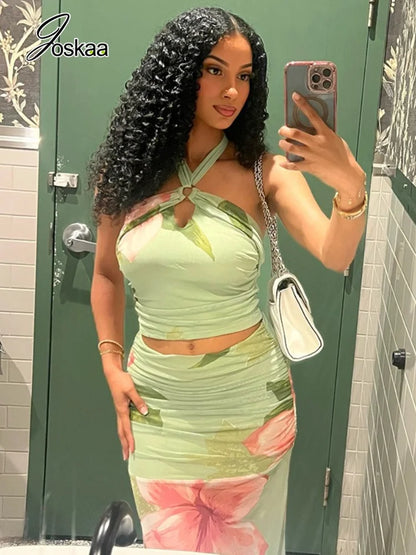 Women's Floral Print Mesh Ruched Two Piece Set Colorful – Side View