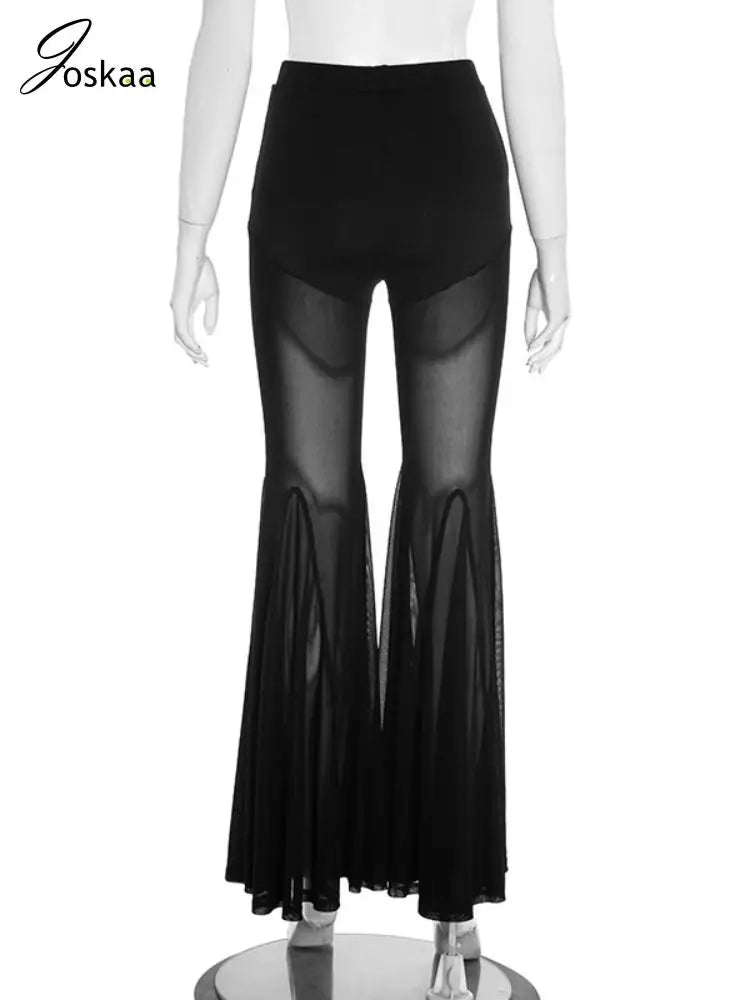 Women's Mesh High Waist Flare Sheer Black Pants Black – Detail View