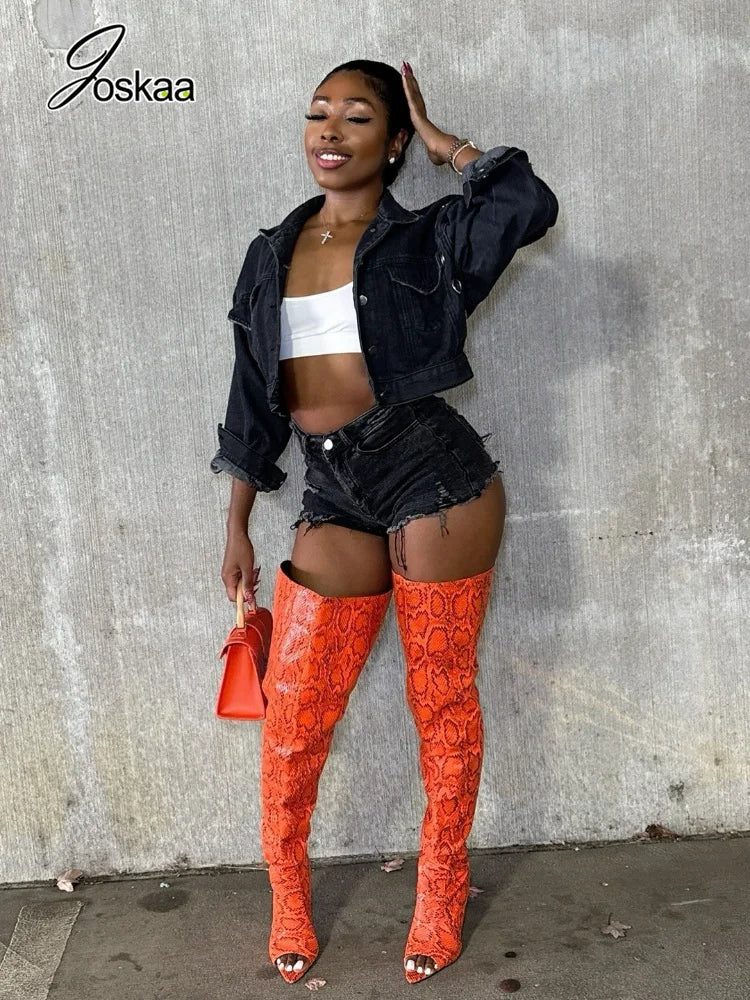 Women's Denim Print Long Sleeve Two Piece Set - Front View