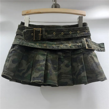 Women's Denim Mini Pleated Retro Low Skirt