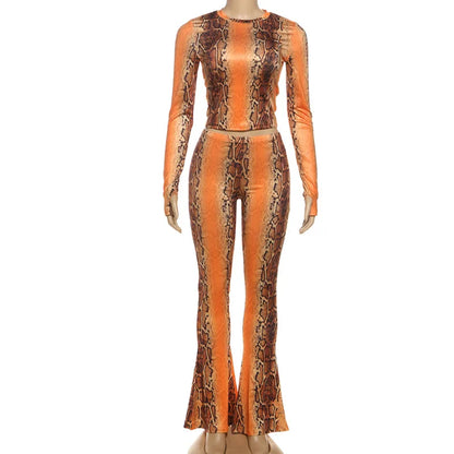 Women's Snake Print Long Sleeve Crop Two Piece Set