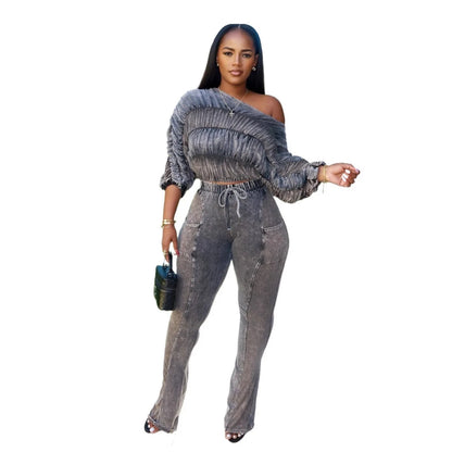 Women's Ruched Long Sleeve Crop Two Piece Set