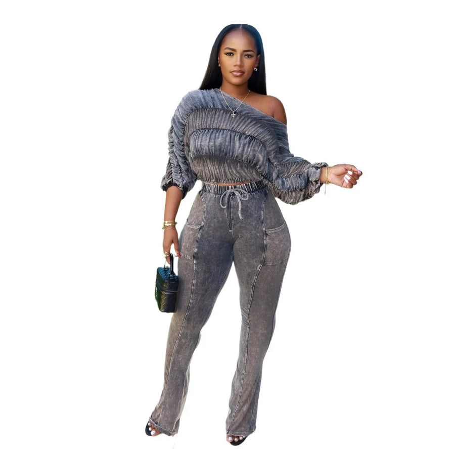Women's Ruched Long Sleeve Crop Two Piece Set