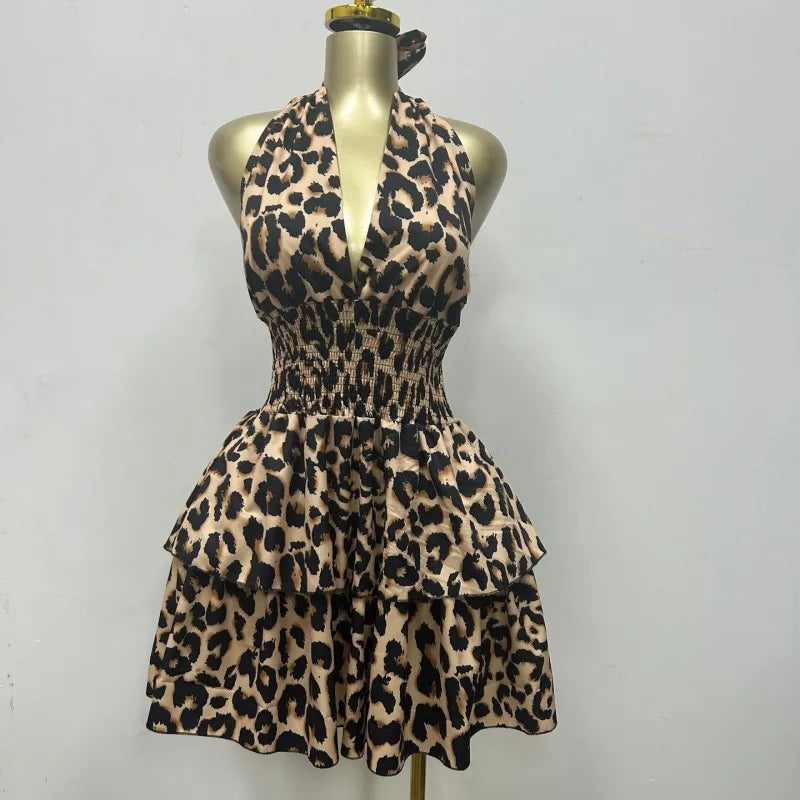 Women's Leopard Print Backless Halter Mini Dress