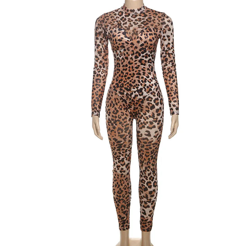 Women's Leopard Print Mesh Long Sleeve Romper