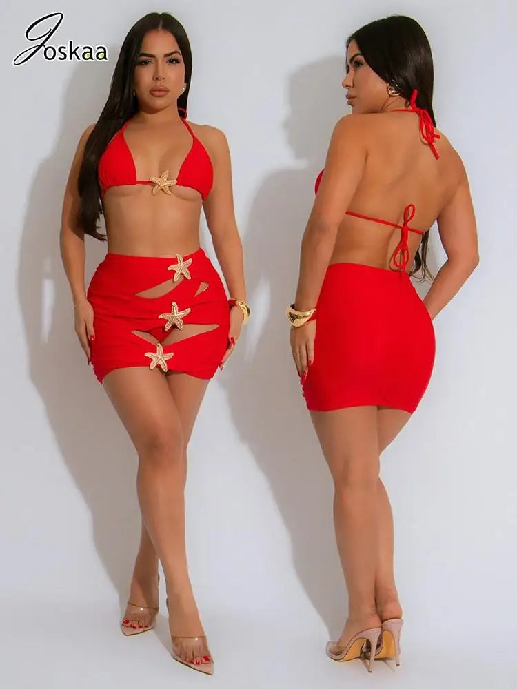Women's Cutout Mini Swimwear Piece Bra Bikini Set Red – Front View
