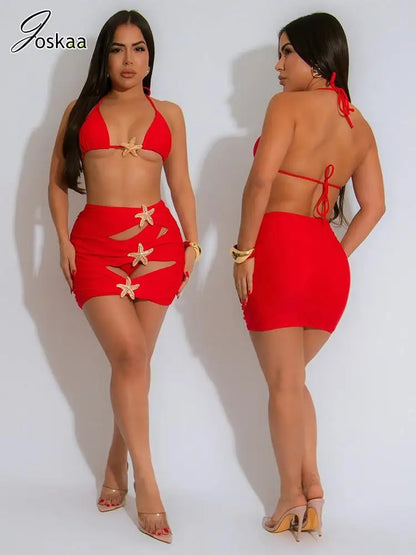 Women's Cutout Mini Swimwear Piece Bra Bikini Set Red – Front View
