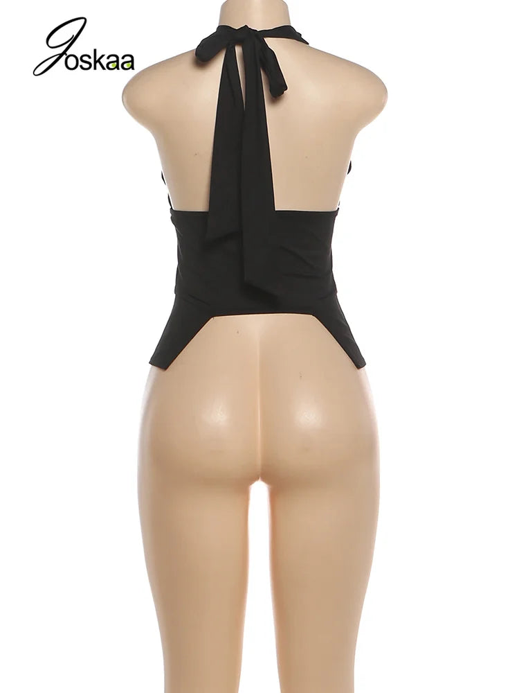 Women's Lace Backless Halter Sleeveless Top Black – Detail View