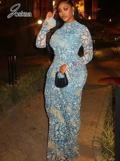 Women's Mesh Ruched Long Sleeve Bodycon Maxi Dress - Side View