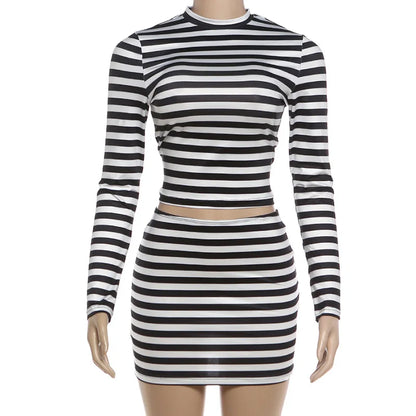 Women's Stripe Long Sleeve Crop Two Piece Set