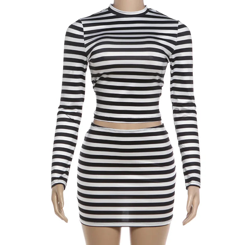 Women's Stripe Long Sleeve Crop Two Piece Set