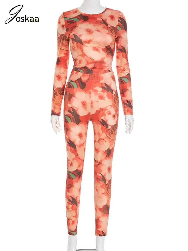 Women's Floral Print Long Sleeve Crop Two Piece Set Red – Back View