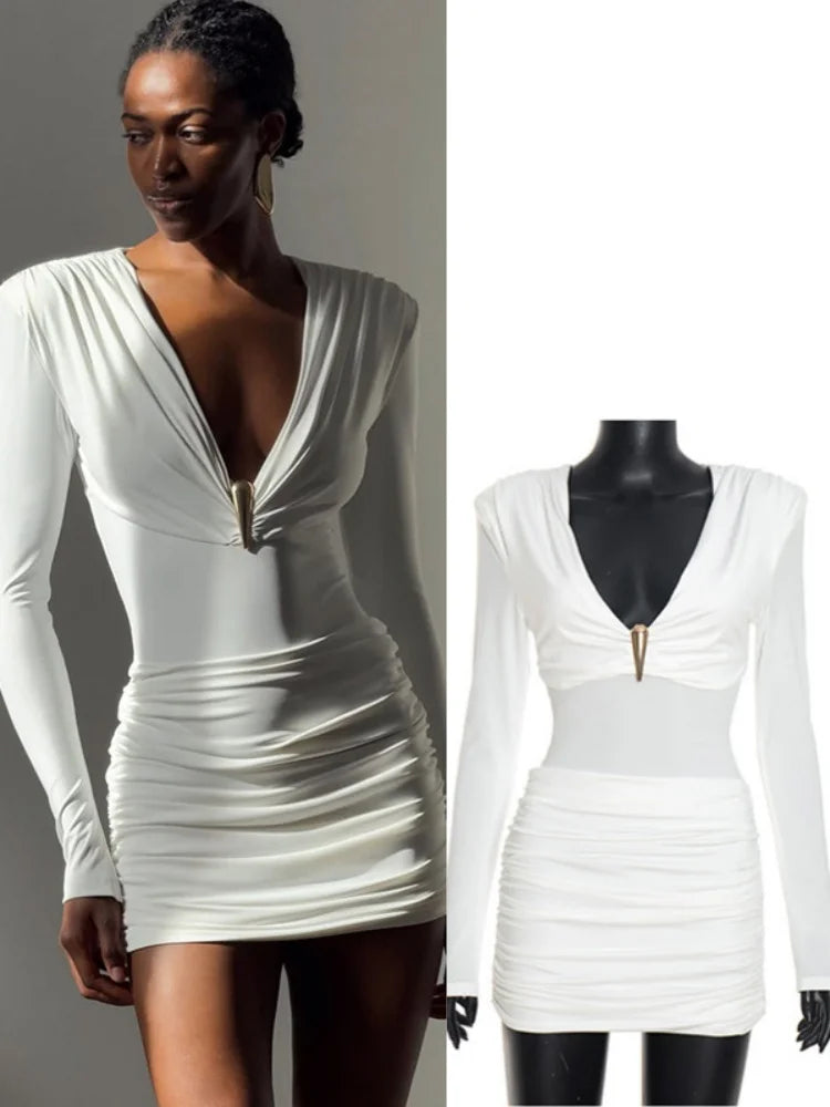 Women's Ruched V-neck Long Sleeve Bodycon Mini Dress - Additional View 8