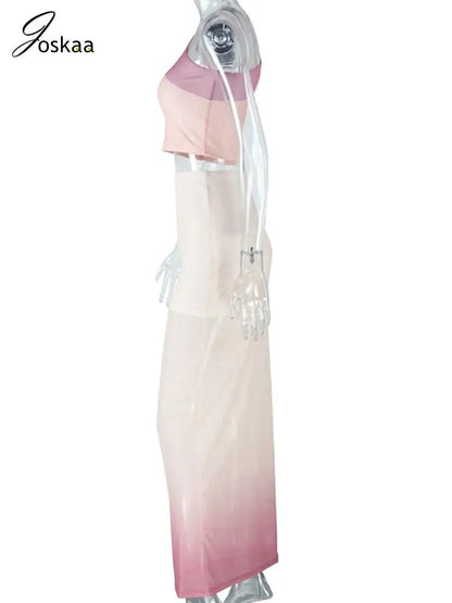 Wholesale Women's Mesh Crop Maxi Two Piece Set Apricot Pink – Detail View