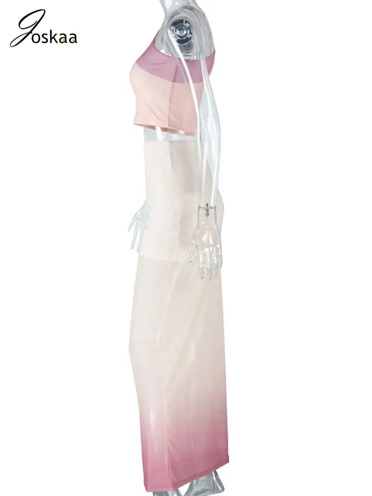 Wholesale Women's Mesh Crop Maxi Two Piece Set Apricot Pink – Detail View