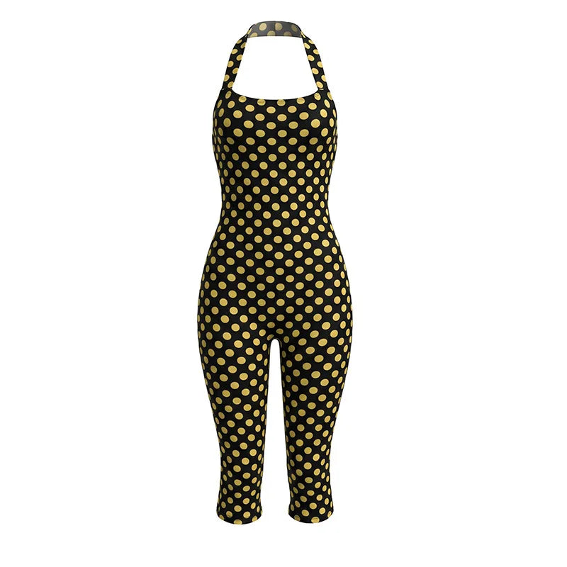 Women's Polka Dot Ruched Backless Halter Romper - Detail View 6
