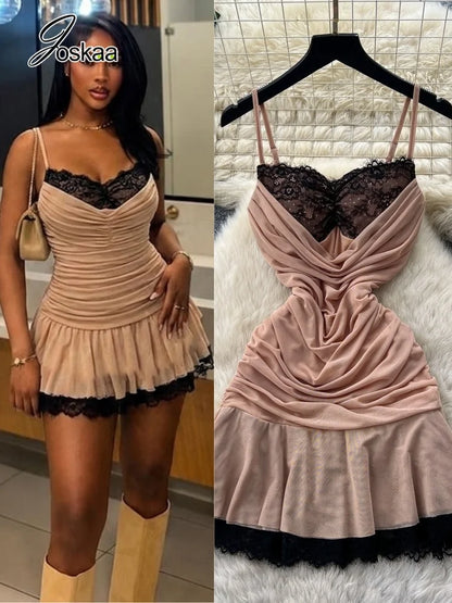 Women's Mesh Lace Ruched V-neck Mini Dress - Women's Fashion Wholesale - Front View