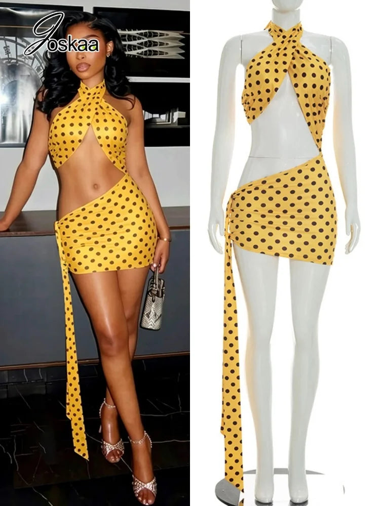 Women's Polka Dot Backless Cutout Halter Mini Dress - Women's Fashion Wholesale - Front View