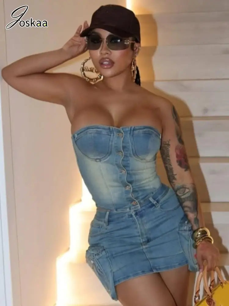 Women's Denim Strapless Mini Two Piece Set Sky Blue – Side View