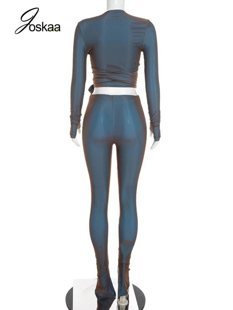 Women's V-neck Long Sleeve High Waist Wide Leg Two Piece Set - Detail View