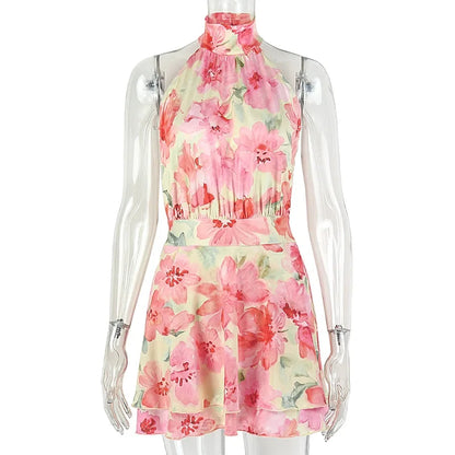 Women's Floral Print Backless Halter Mini Dress