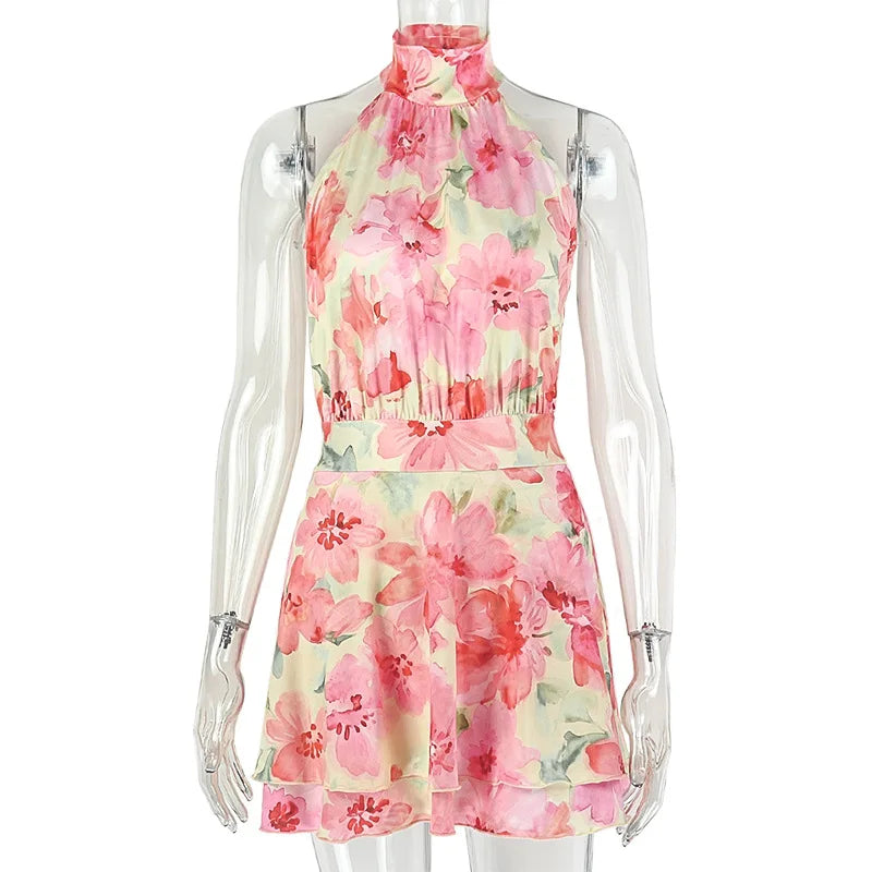 Women's Floral Print Backless Halter Mini Dress