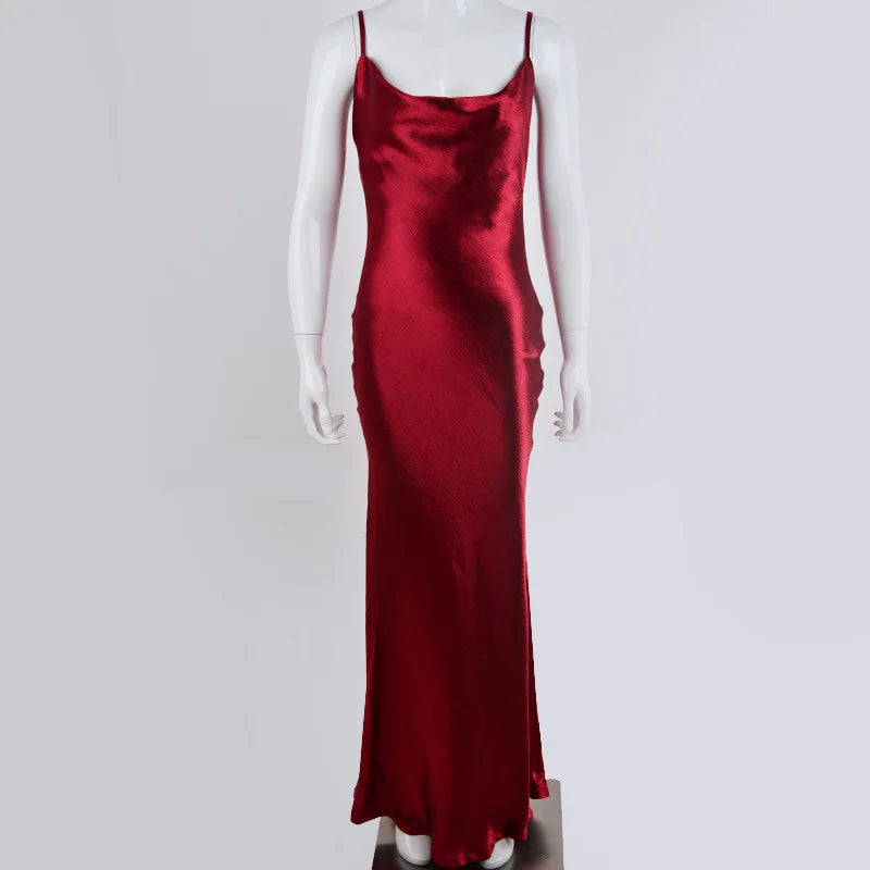 Women's Satin Backless Solid Spaghetti Strap Maxi Dress