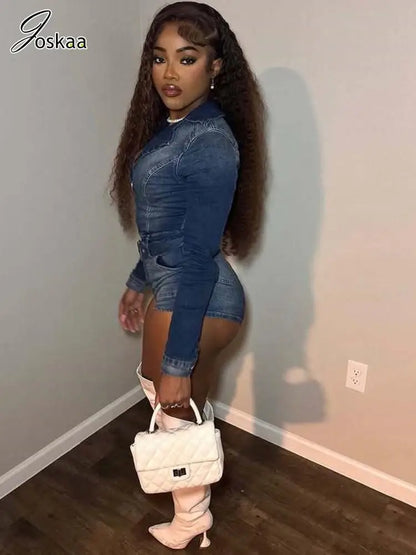 Women's Denim Long Sleeve Bodycon Romper Blue – Back View