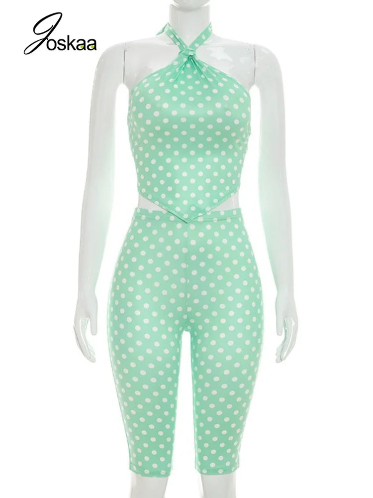 Women's Polka Dot Backless Halter High Waist Two Piece Set - Back View