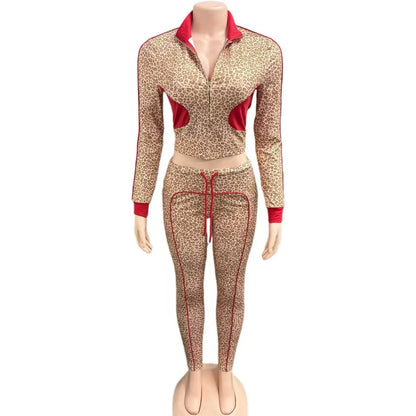 Women's Leopard Print Long Sleeve Two Piece Set