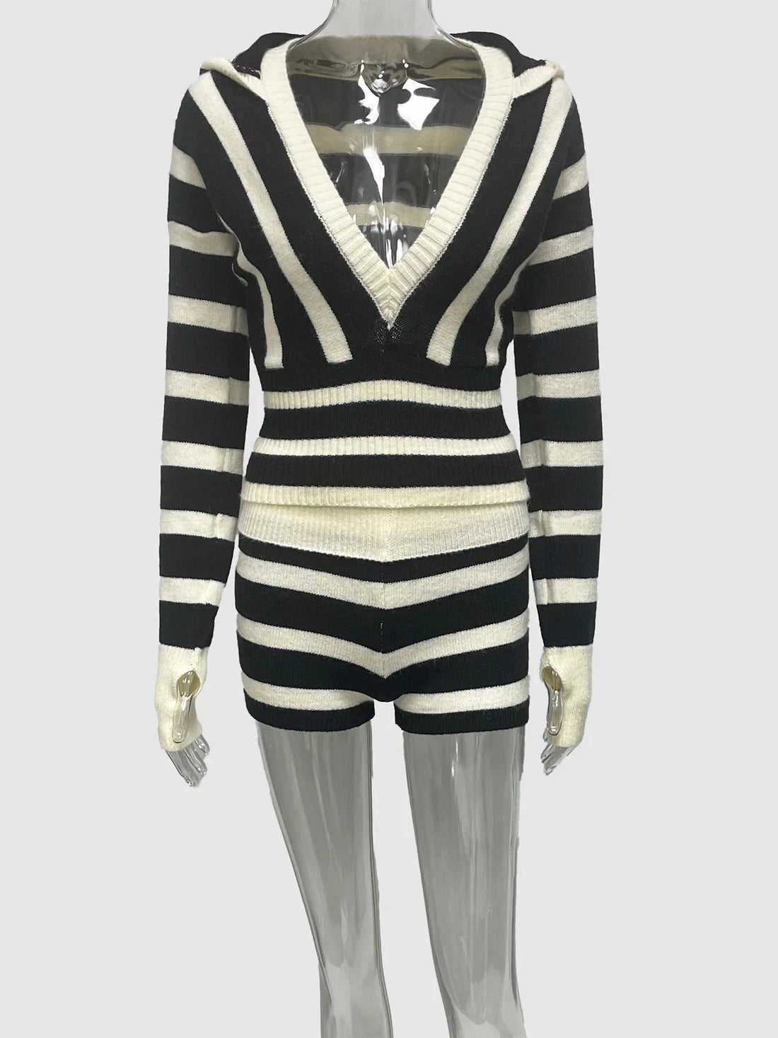 Joskaa Stripe Ribbed Knit Hooded Long Sleeve Two Piece Set - two piece set image 2