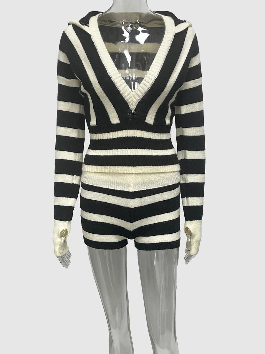 Joskaa Stripe Ribbed Knit Hooded Long Sleeve Two Piece Set - two piece set image 2