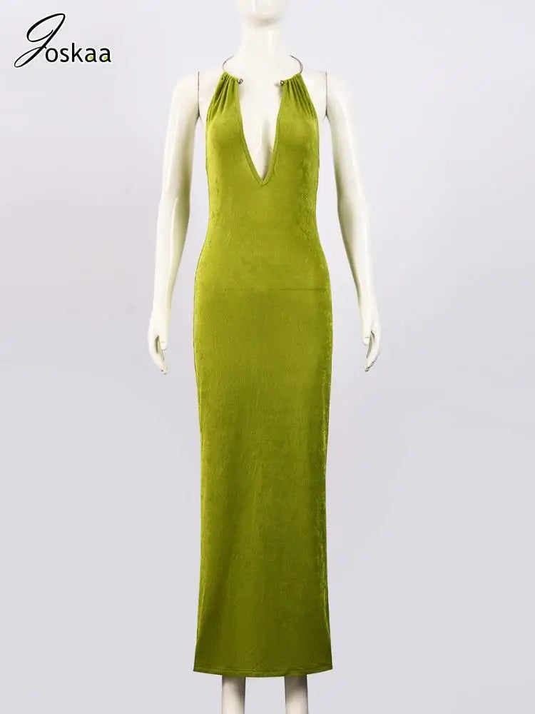 Women's Backless Halter Bodycon Maxi Dress Green – Back View