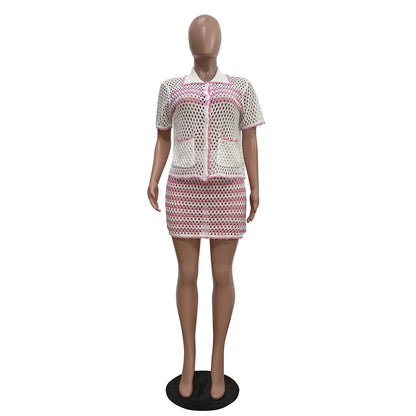 Women's Stripe Knit Short Sleeve Two Piece Set