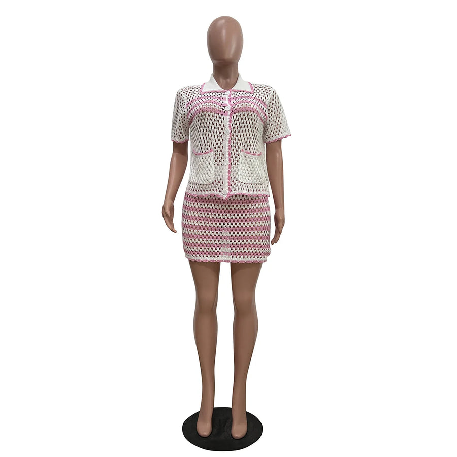 Women's Stripe Knit Short Sleeve Two Piece Set
