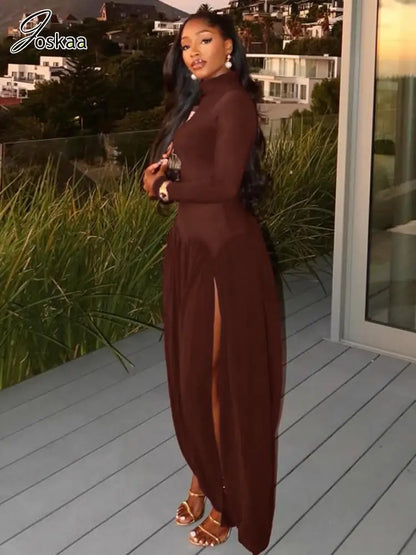 Women's Ruched Long Sleeve Bodycon Maxi Dress Black – Front View