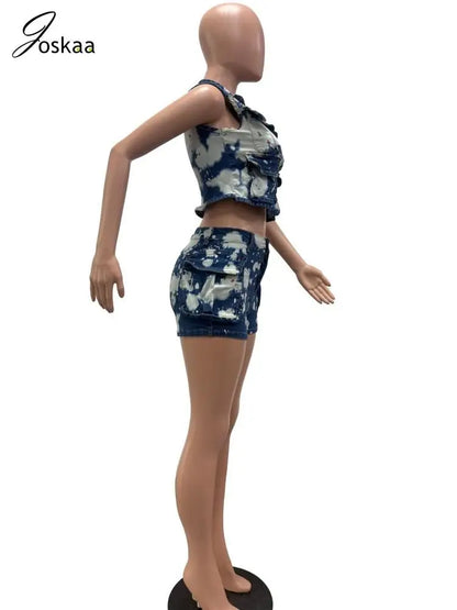Women's Denim Sleeveless Crop Two Piece Set Blue – Detail View